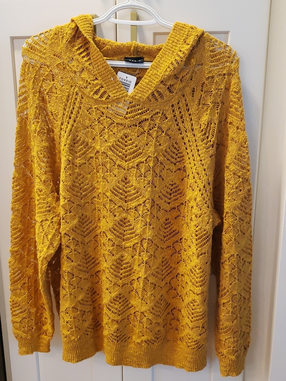 torrid Mustard Yellow Open-Knit V-Neck Hoodie Sweater, Size 1